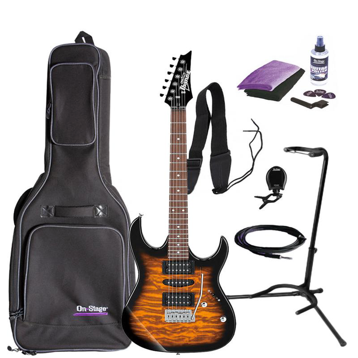 Ibanez GR QA GIO Electric Guitar Bundle 8211 Sunburst Quilted Maple