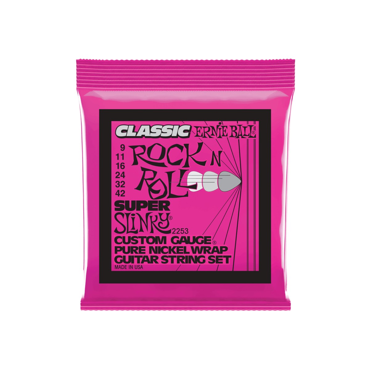 Ernie Ball, 2253, Super Slinky Classic Rock n Roll Pure Nickel Wrap Electric Guitar Strings - 9-42 Gauge