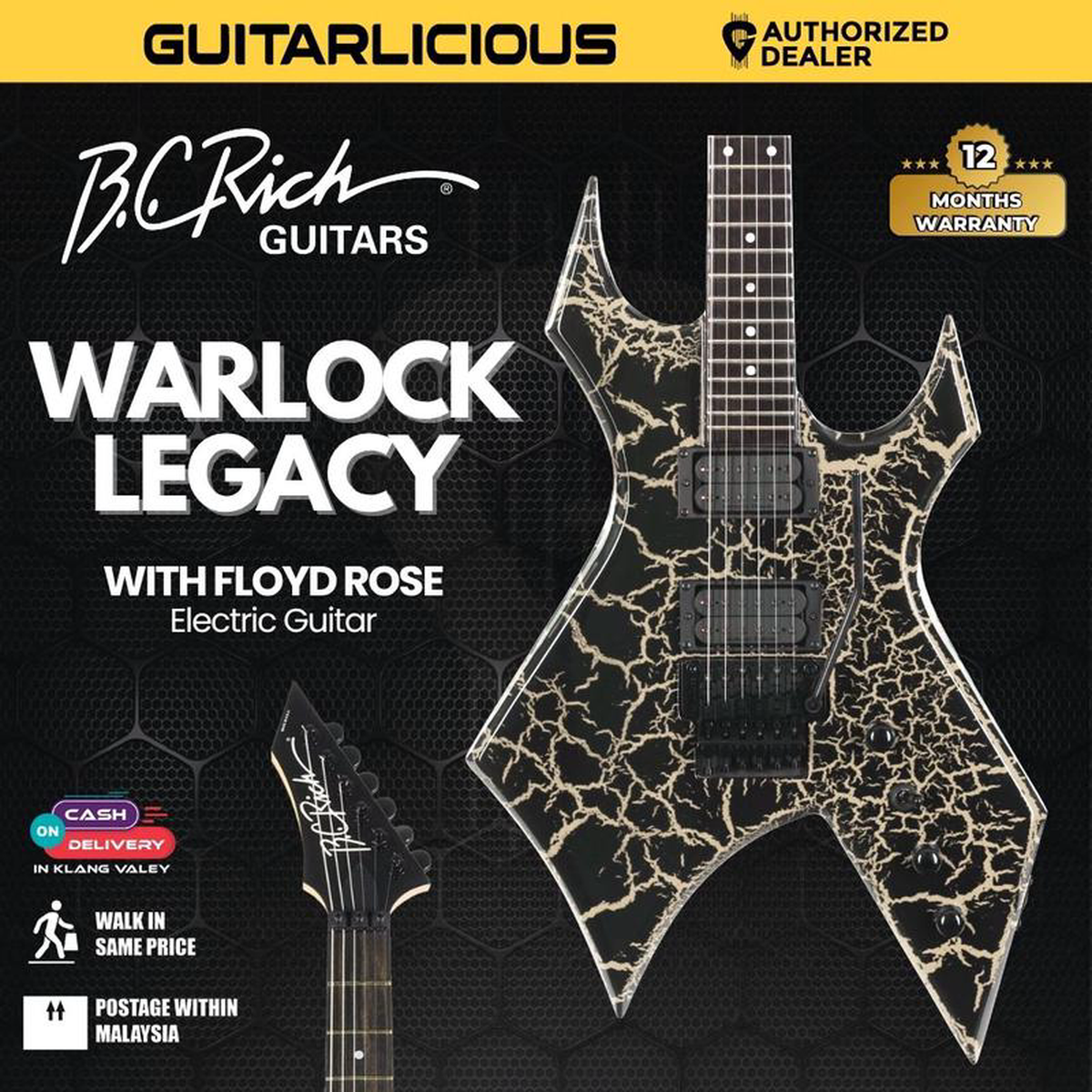 BC Rich Warlock Legacy with Floyd Rose Electric Guitar 8211 Black Crackle