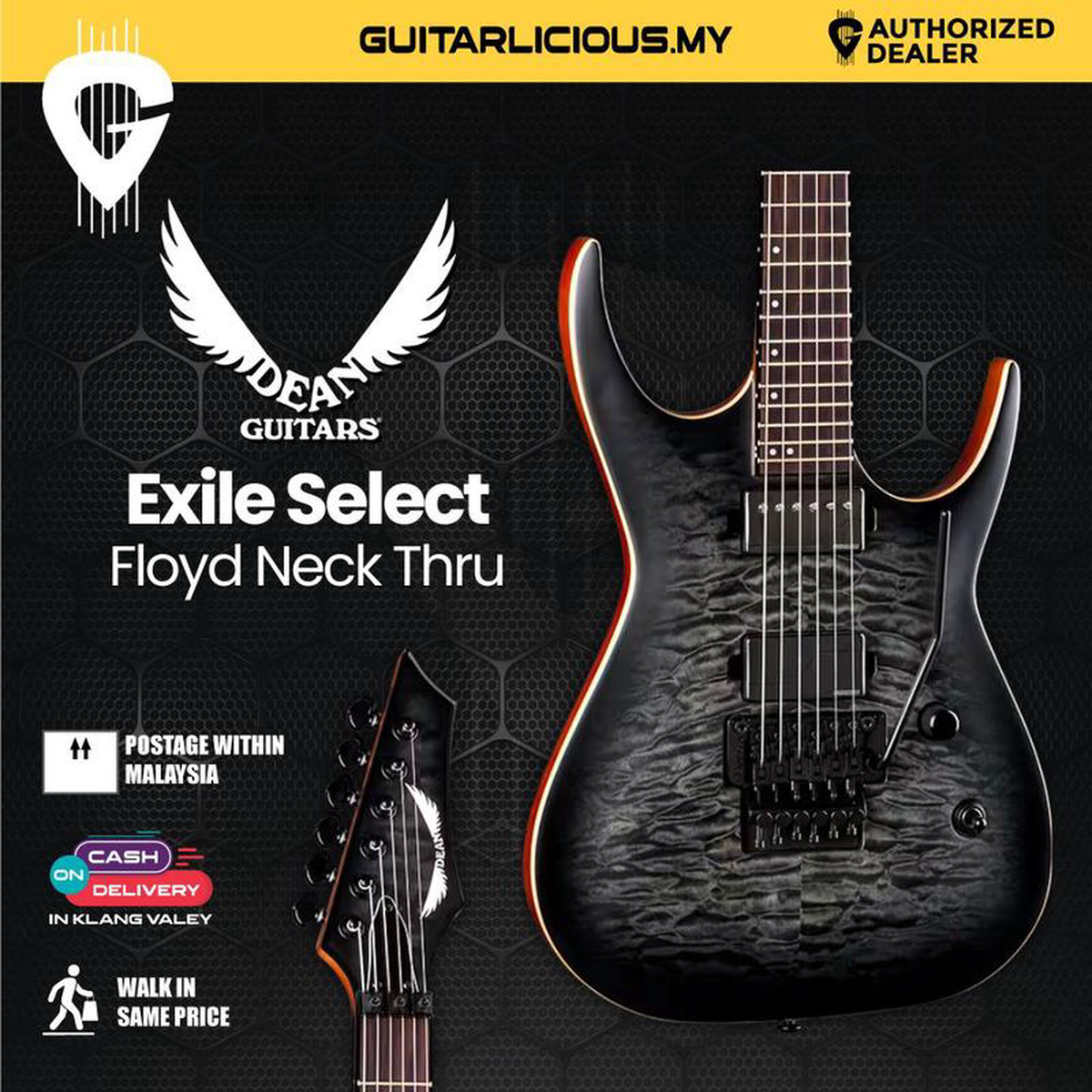Dean Exile Select Floyd Neck Thru Archtop Electric Guitar 8211 Satin Black Burst