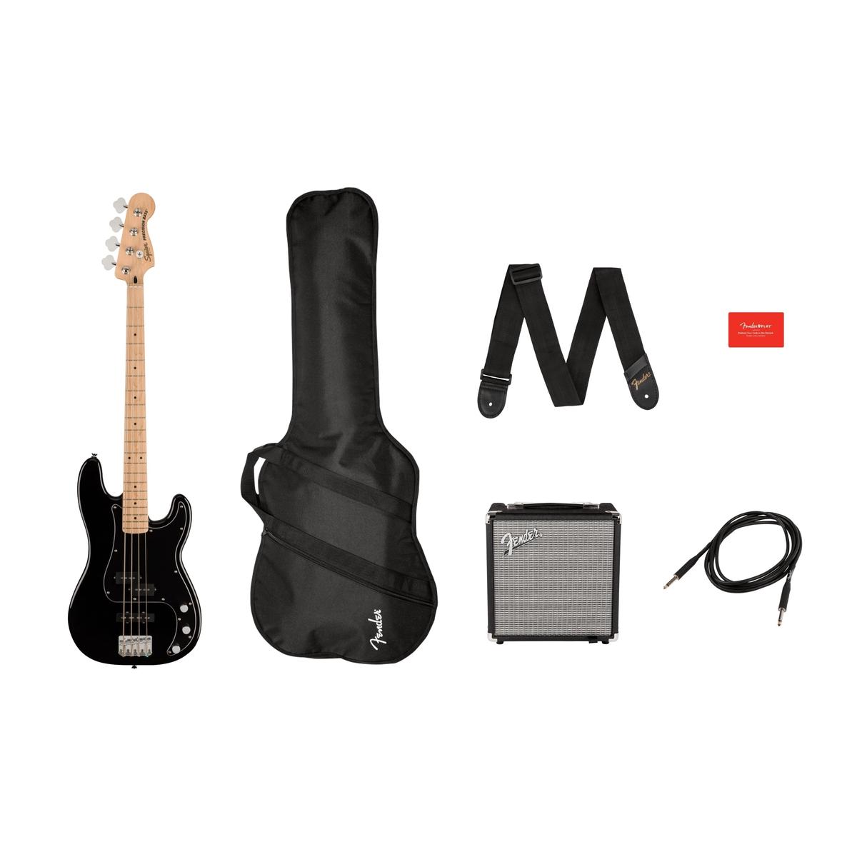 Squier - Affinity Series Precision Bass PJ Pack - Maple Fingerboard - Black - Gig Bag - Rumble 15 - 120V 037-2981-006