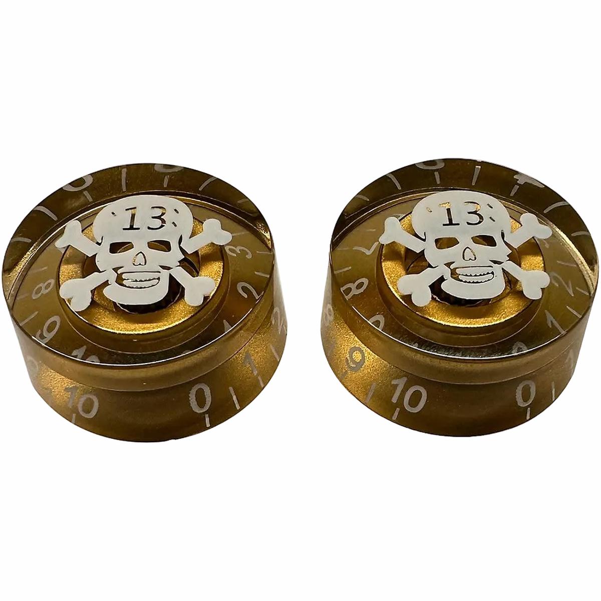 AxLabs - Speed Knobs with Skull Graphic - 18 Spline (Set of 2) - Gold with white printing.