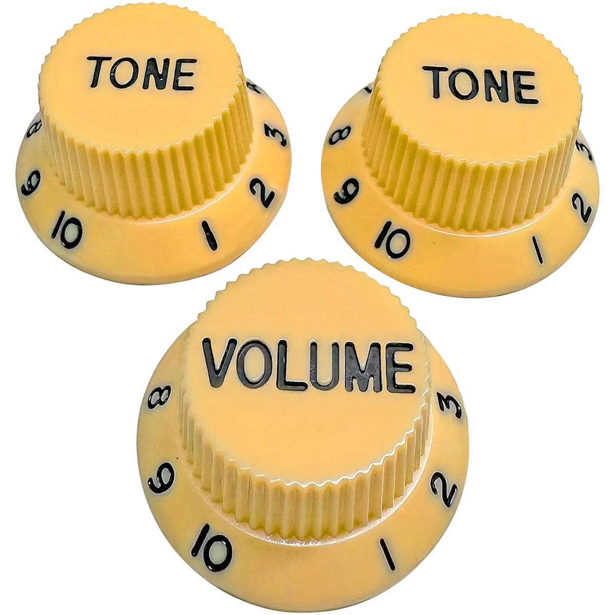 AxLabs - Strat-Style Knob Set (3) 2x Tone 1x Volume.  Cream with black lettering